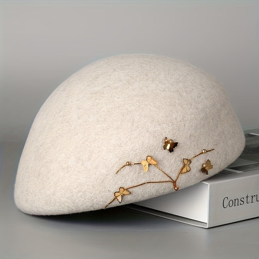 1pc Women's Beanie Hat - 100% Wool Tweed British Style with Golden Floral Embellishments, Breathable Non-Stretchy Winter Hat for Parties, Birthdays & Holidays, Classic Elegant Design