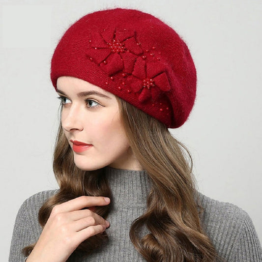High-end autumn and winter hat for women, all-matching wool hat, knitted hat, pearl beret