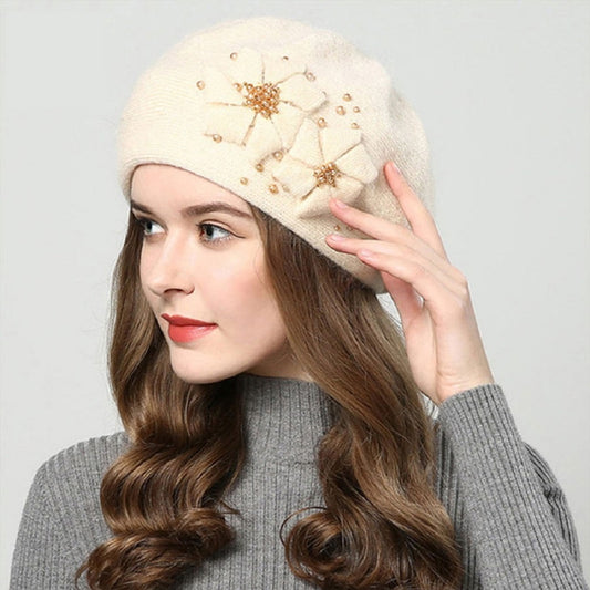 High-end autumn and winter hat for women, all-matching wool hat, knitted hat, pearl beret