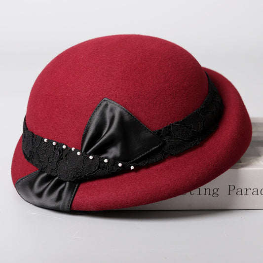 Autumn and winter basin hat wool hat women's French retro pearl bow warm hat elegant small top hat