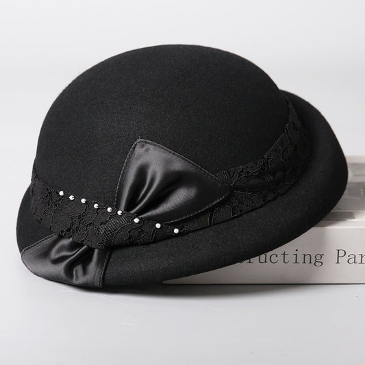 Autumn and winter basin hat wool hat women's French retro pearl bow warm hat elegant small top hat