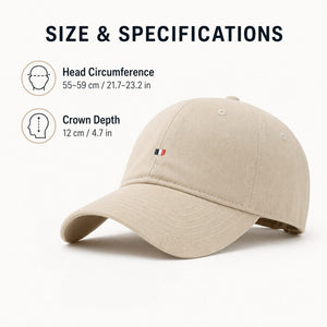 Beige cotton baseball cap size specifications with 55–59 cm adjustable fit and 12 cm crown depth.