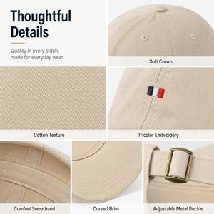 Beige cotton baseball cap detail image showing soft crown, cotton texture, embroidery, brim, and buckle.