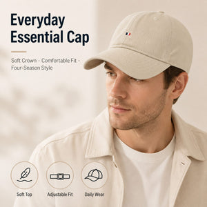 Beige everyday cotton baseball cap worn by a male model with soft crown and adjustable fit.