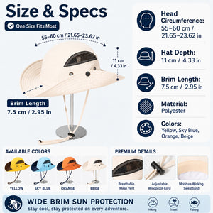 Size and specs image for beige sun hat showing 55–60 cm head circumference, 11 cm depth and 7.5 cm brim.