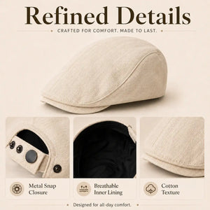 Beige vintage flat cap with metal snap closure breathable lining and cotton blend texture