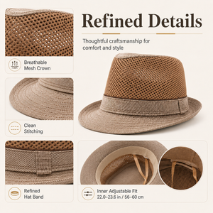 Man wearing black breathable mesh fedora hat with vintage jazz hat style
