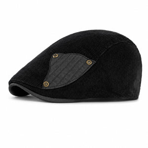 Black corduroy flat cap on white background for color variant