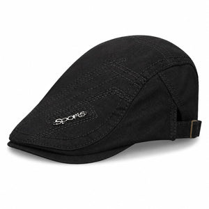 Black cotton ivy flat cap with adjustable side buckle on white background