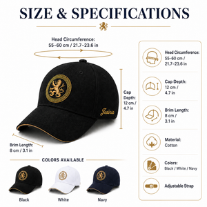Black embroidered baseball cap size guide with 55–60 cm head circumference, 8 cm brim, 12 cm depth, and adjustable strap