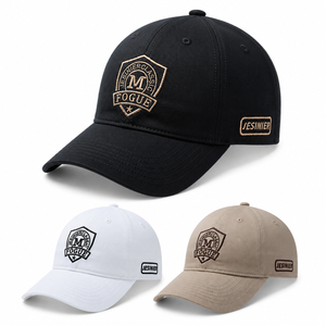 Black embroidered baseball cap with soft cotton crown, curved brim, and side patch detail