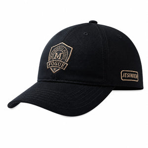 Black men's embroidered baseball cap with curved brim, front patch detail, and classic casual look on a clean white background.