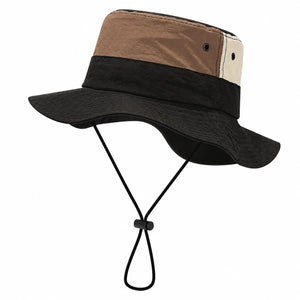 Black men's sun protection boonie bucket hat with wide brim, chin cord, breathable eyelets, and outdoor hiking style on a clean white background.