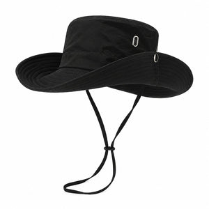Black outdoor sun protection hiking bucket hat with wide brim, adjustable chin cord, metal eyelets, and lightweight polyester fabric on a clean white background.