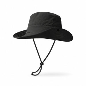 Black outdoor sun protection wide brim hat with chin strap on a clean white background.