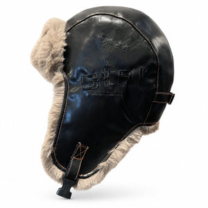Black PU leather winter trapper hat with gray faux-fur lining, ear flaps, and adjustable fit.