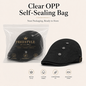 Clear OPP self-sealing bag packaging for a black British style flat cap, shown with the cap outside the package and product feature icons.