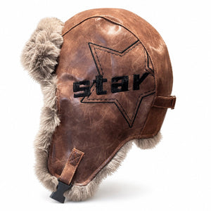 Brown PU leather winter trapper hat with gray faux-fur lining, ear flaps, and adjustable fit.