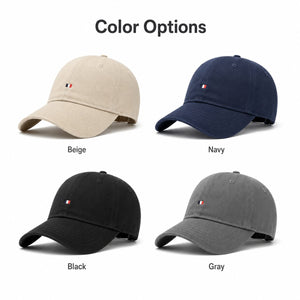Cotton baseball cap color options in beige, navy, black, and gray on a clean white background.
