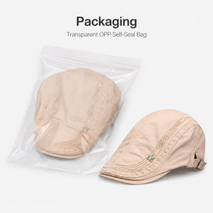 Cotton flat cap color options in black, navy, coffee brown, and khaki