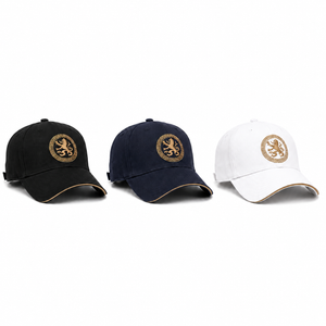 Embroidered cotton baseball cap in Black, White, and Navy with gold emblem and curved brim
