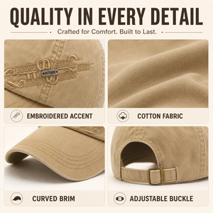 Premium cotton baseball cap detail collage showing embroidered accent, cotton fabric, curved brim, and adjustable buckle