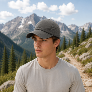 Gray adjustable cotton baseball cap with embroidered side detail and curved brim