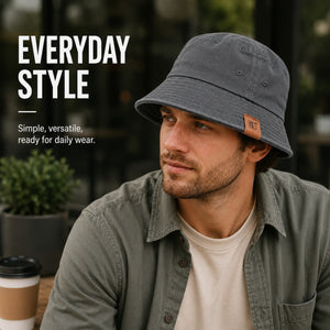 Gray cotton bucket hat styled on model for everyday casual wear