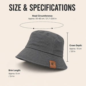 Gray adjustable cotton bucket hat measurement image with brim, crown depth, and head circumference