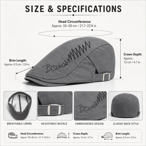 Gray cotton flat cap detail card with embroidery, buckle, and fabric texture