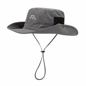 Gray men's outdoor wide brim sun hat with chin cord, breathable mesh side panel, and casual hiking style on a clean white background.