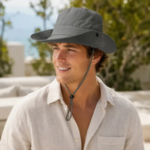 Gray outdoor sun hat with wide brim and adjustable chin cord