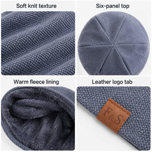 Gray beanie close-up showing knit texture, fleece lining, and logo patch