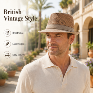 Man wearing gray structured mesh fedora hat for warm-weather casual outfit