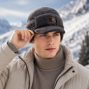 Gray winter plush earflap baseball cap with warm soft texture, breathable comfort, and adjustable unisex fit