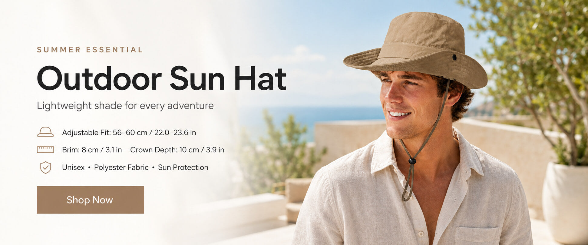Man wearing an outdoor sun hat with adjustable fit for summer travel, hiking, and sun protection.