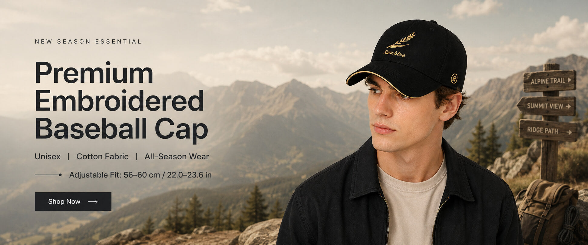 Male model wearing a premium embroidered baseball cap in an outdoor mountain travel setting.