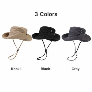 Three color options for outdoor sun hat showing khaki, black, and gray wide brim hiking bucket hats on a white background.