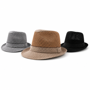 Man wearing khaki British vintage mesh fedora hat for breathable summer casual style