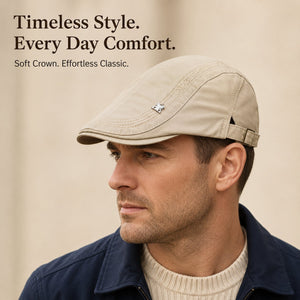 Khaki cotton flat cap detail layout with stitching, emblem, and buckle