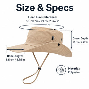 Khaki hiking bucket hat size and specs showing 55–60 cm head circumference, 12 cm crown depth, 8.5 cm brim, and polyester material.