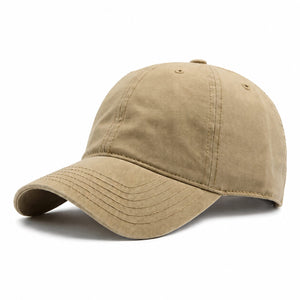 Khaki men's cotton baseball cap with a curved brim, stitched panels, and casual everyday style on a white background.