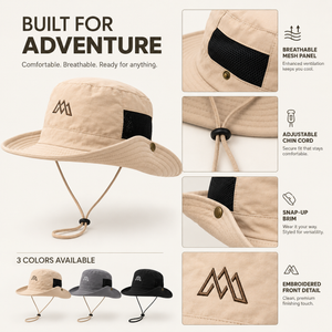Khaki outdoor bucket hat with breathable mesh panel, adjustable chin cord, snap-up brim, embroidered front detail, and lightweight polyester design