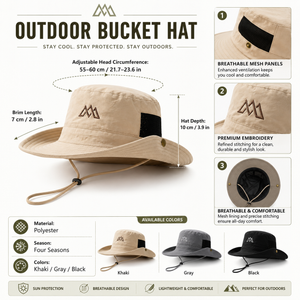 Khaki outdoor bucket hat size guide showing 55–60 cm / 21.7–23.6 in adjustable head circumference, 7 cm brim, and 10 cm depth