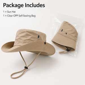 Package includes image showing khaki outdoor sun hat and clear OPP self-sealing bag for simple product packaging.