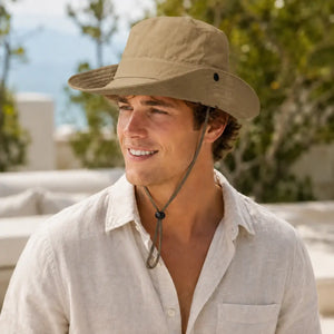 Khaki outdoor sun hat with wide brim and adjustable chin cord