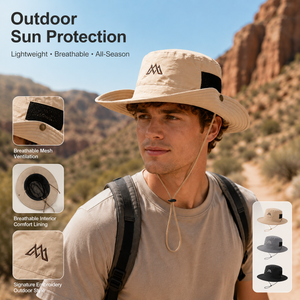 Khaki outdoor sun protection bucket hat worn outdoors with breathable mesh ventilation, adjustable chin cord, and lightweight all-season style