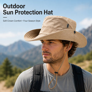 Khaki outdoor sun protection hat worn by a model, featuring soft crown comfort and four-season outdoor style.