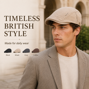 Khaki vintage British flat cap worn by model for timeless everyday style