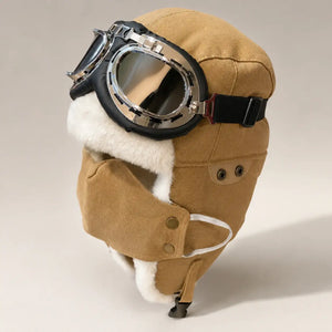 Khaki winter outdoor aviator hat with detachable goggles fleece lining and face cover